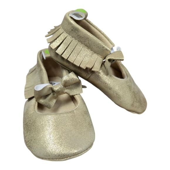 Baby Girl Gold Metallic Bow Moccasins Crib Shoes 6/9 M First Steps Pram Booties - Picture 4 of 10